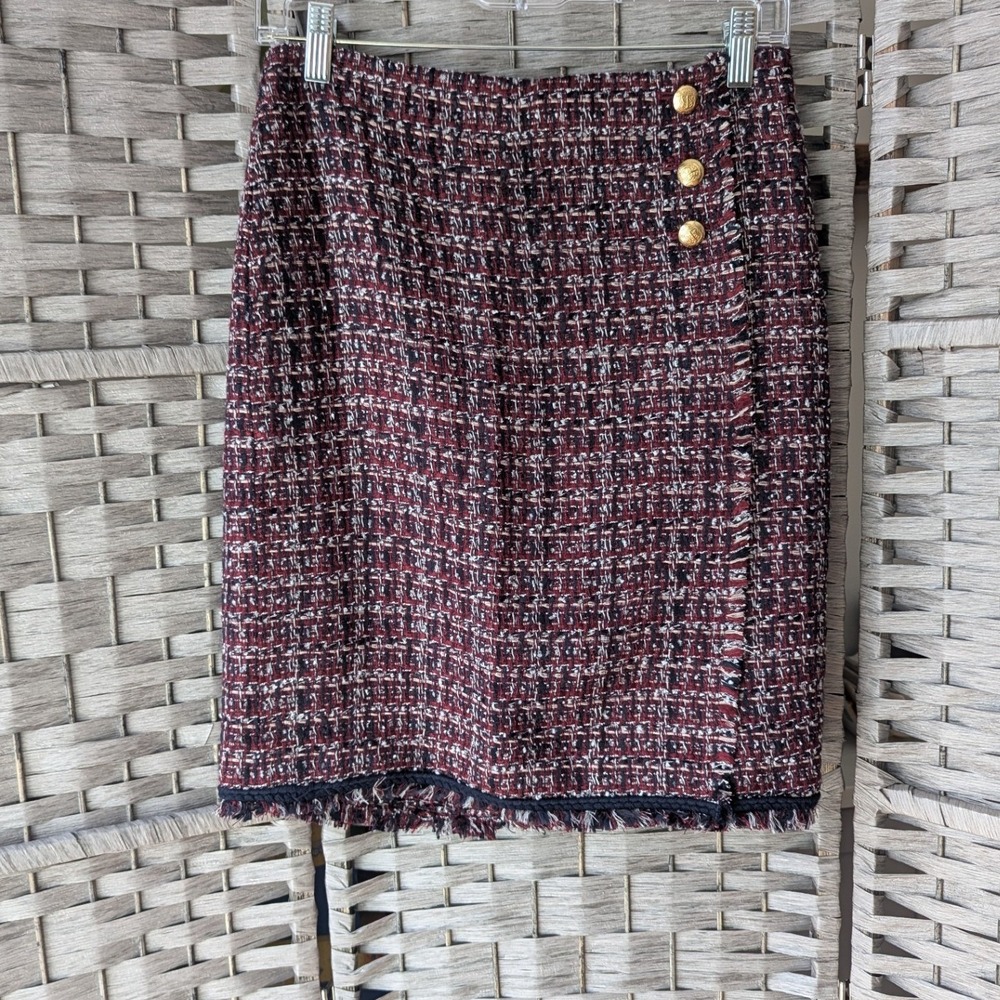 Talbots Tweed Faux Wrap Pencil Skirt Burgundy Navy Gold Button Fringe Trim 2P